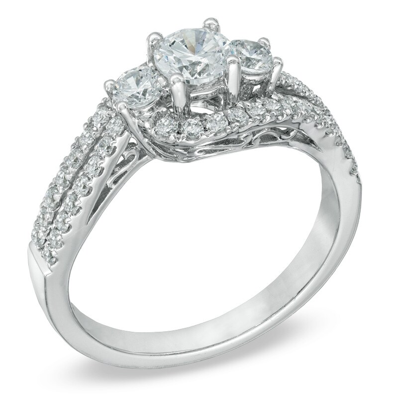 Previously Owned - 1 CT. T.W. Certified Diamond Three Stone Swirl Ring in 14K White Gold (I/I1)