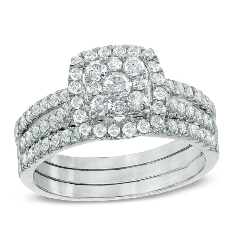 Main Image 1 of Previously Owned - 1 CT. T.W. Composite Diamond Frame Bridal Set in 10K White Gold