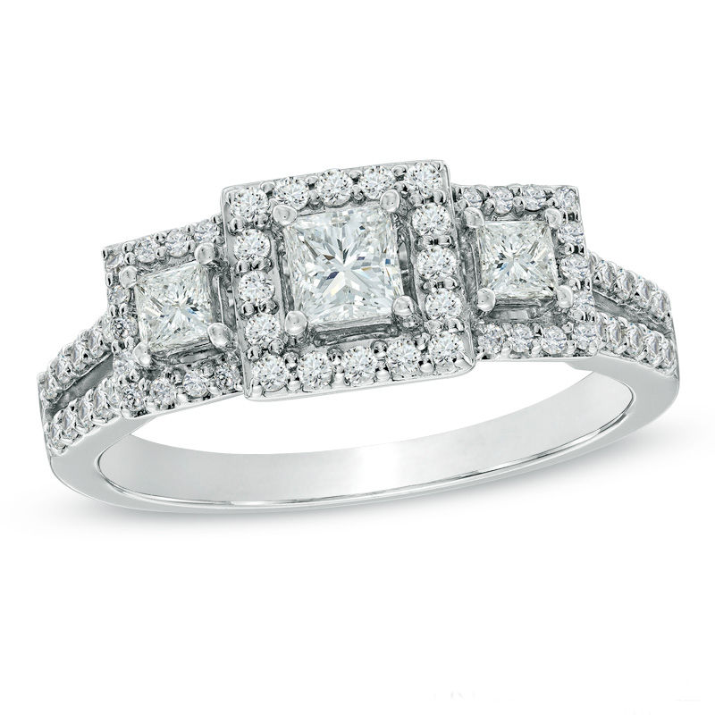 Main Image 1 of Previously Owned - 1 CT. T.W. Princess-Cut Diamond Past Present Future® Ring in 14K White Gold