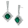 Thumbnail Image 1 of Previously Owned - 7.0mm Cushion-Cut Lab-Created Emerald and White Sapphire Drop Earrings in Sterling Silver