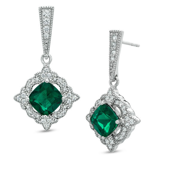 Previously Owned - 7.0mm Cushion-Cut Lab-Created Emerald and White Sapphire Drop Earrings in Sterling Silver
