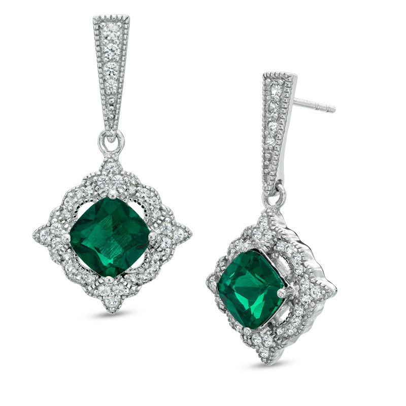 Main Image 1 of Previously Owned - 7.0mm Cushion-Cut Lab-Created Emerald and White Sapphire Drop Earrings in Sterling Silver