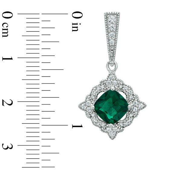 Previously Owned - 7.0mm Cushion-Cut Lab-Created Emerald and White Sapphire Drop Earrings in Sterling Silver