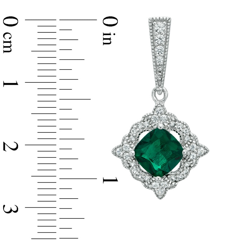 Main Image 2 of Previously Owned - 7.0mm Cushion-Cut Lab-Created Emerald and White Sapphire Drop Earrings in Sterling Silver