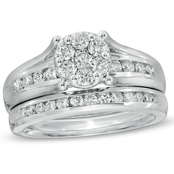 Previously Owned - 1 CT. T.w. Diamond Cluster Bridal Set in 10K White Gold