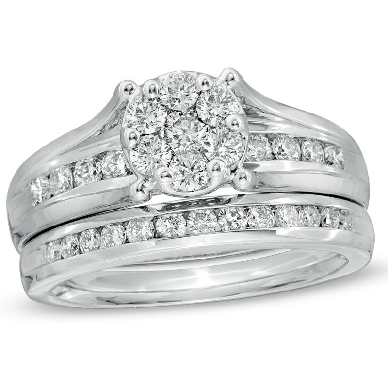Main Image 1 of Previously Owned - 1 CT. T.W. Diamond Cluster Bridal Set in 10K White Gold