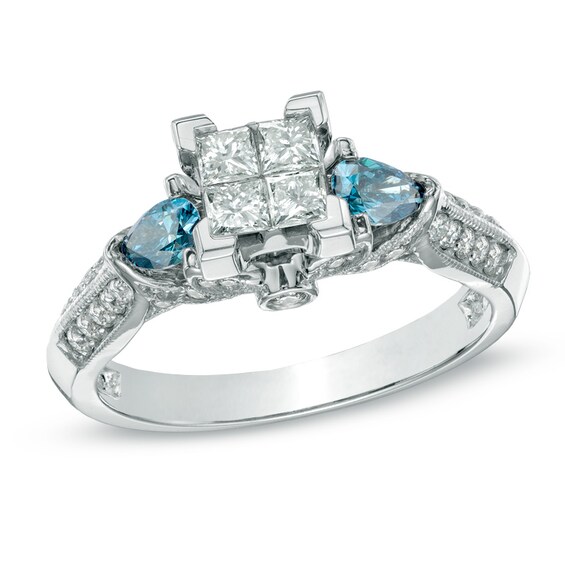 Previously Owned - 1 CT. T.w. Princess-Cut Quad and Enhanced Blue Diamond Engagement Ring in 14K White Gold