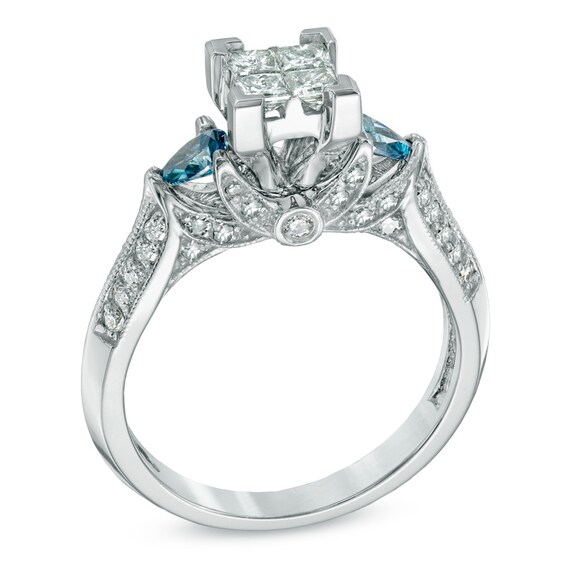 Previously Owned - 1 CT. T.w. Princess-Cut Quad and Enhanced Blue Diamond Engagement Ring in 14K White Gold
