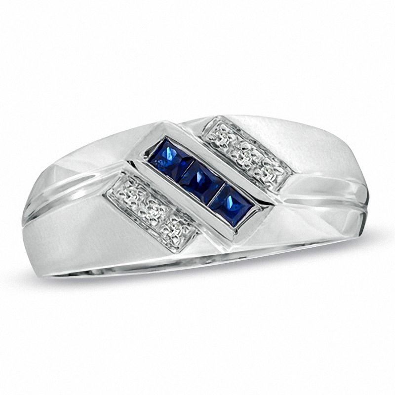 Main Image 1 of Previously Owned - Square-Cut Lab-Created Blue Sapphire and Diamond Accent Ring in 10K White Gold