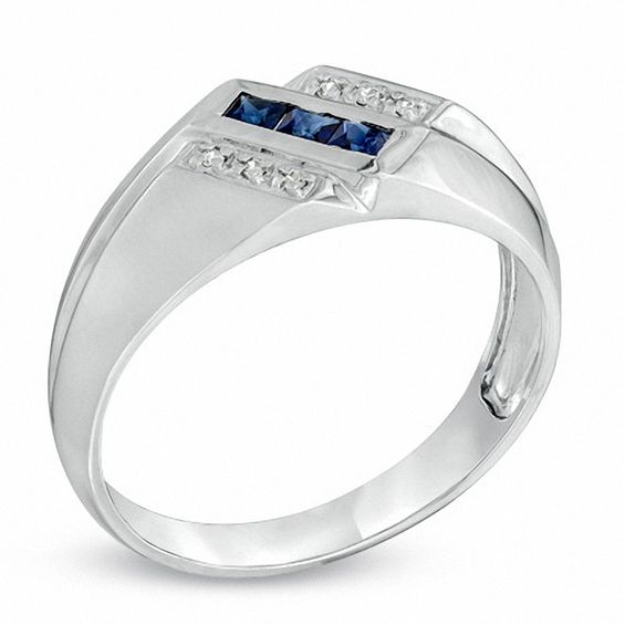 Previously Owned - Square-Cut Lab-Created Blue Sapphire and Diamond Accent Ring in 10K White Gold