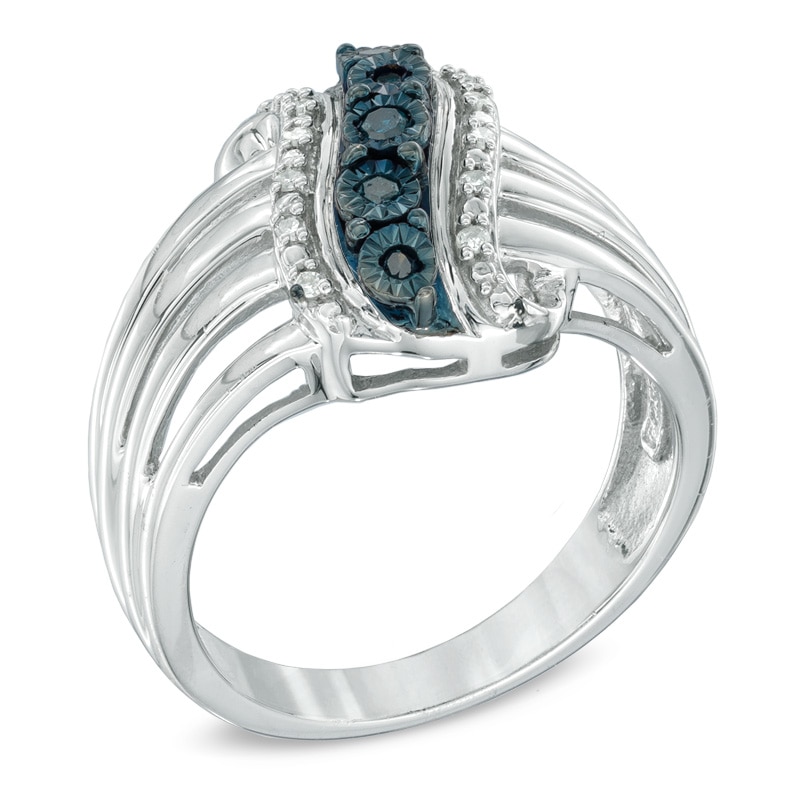 Previously Owned - Enhanced Blue and White Diamond Accent Linear Wave Ring in Sterling Silver