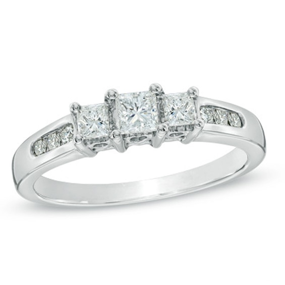 Previously Owned - 1/2 CT. T.w. Princess-Cut Diamond Past Present FutureÂ® Ring in 14K White Gold