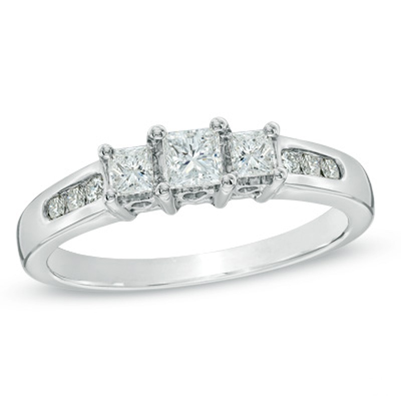 Main Image 1 of Previously Owned - 1/2 CT. T.W. Princess-Cut Diamond Past Present Future® Ring in 14K White Gold