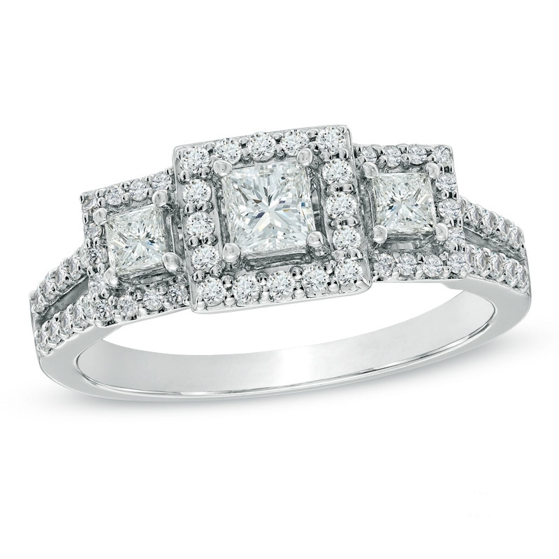 Main Image 1 of Previously Owned - 1 CT. T.W. Princess-Cut Diamond Past Present Future® Ring in 14K White Gold
