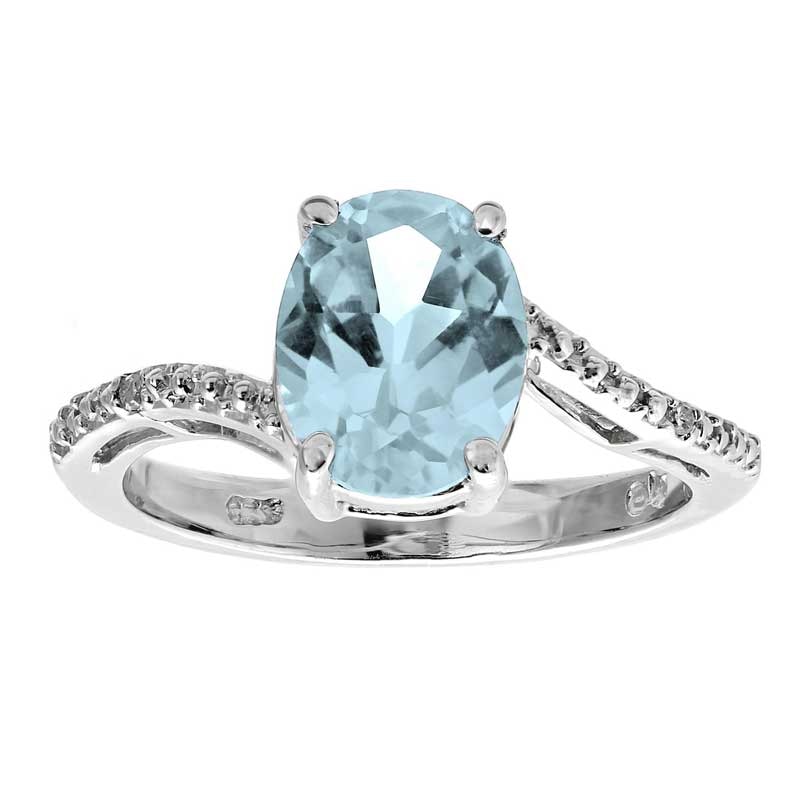 Main Image 1 of Previously Owned - Oval Lab-Created Aquamarine and Diamond Accent Ring in Sterling Silver