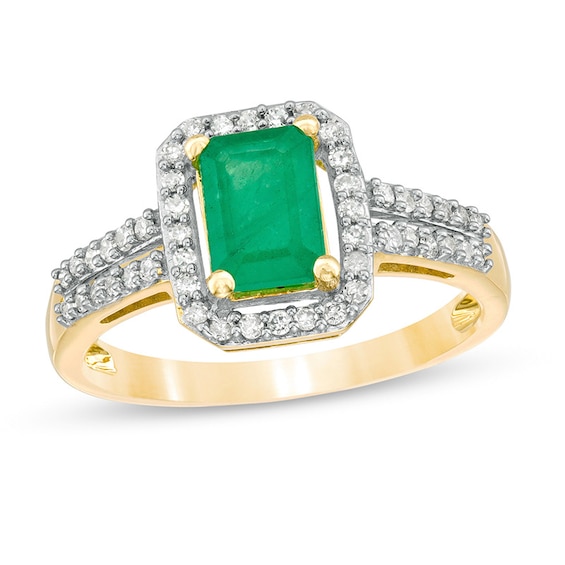 Previously Owned - Emerald-Cut Emerald and 1/4 CT. T.w. Diamond Frame Ring in 10K Gold