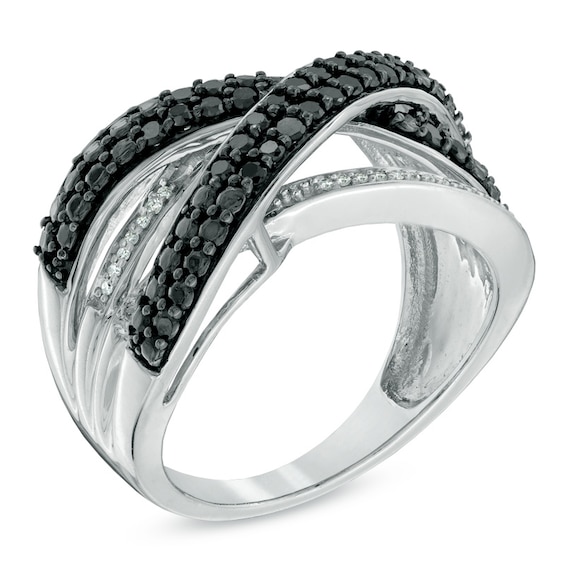 Previously Owned - 1/2 CT. T.w. Enhanced Black and White Diamond Cross-Over Ring in Sterling Silver