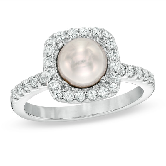 Previously Owned-6.5-7.0mm Freshwater Cultured Pearl and Lab-Created White Sapphire Frame Ring-Size 7