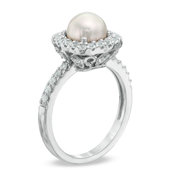 Previously Owned-6.5-7.0mm Freshwater Cultured Pearl and Lab-Created White Sapphire Frame Ring-Size 7
