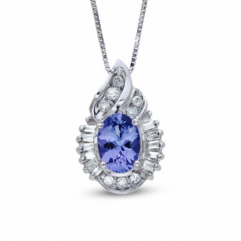 Main Image 1 of Previously Owned - Oval Tanzanite and 1/5 CT. T.W. Baguette and Round Diamond Pendant in 14K White Gold