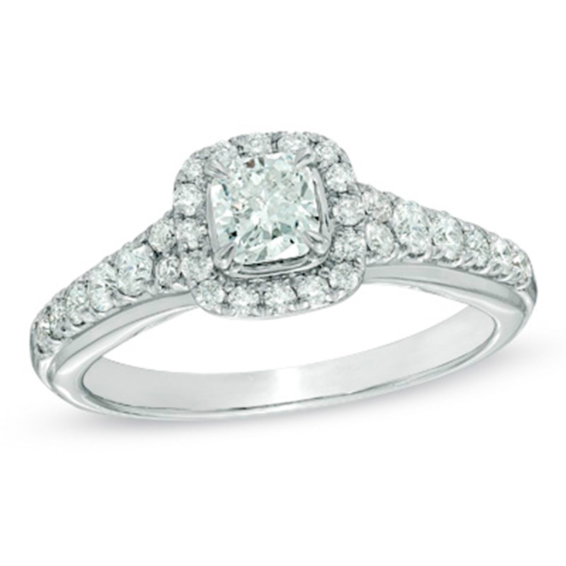 Main Image 1 of Previously Owned - 1 CT. T.W.Cushion-Cut Diamond Frame Engagement Ring in 14K White Gold