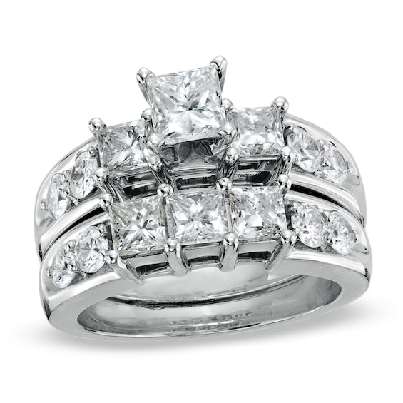 Previously Owned - 3 CT. T.w. Princess-Cut Diamond Three Stone Bridal Set in 14K White Gold