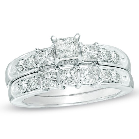 Previously Owned - 1-1/2 CT. T.w. Princess-Cut Diamond Three Stone Bridal Set in 14K White Gold