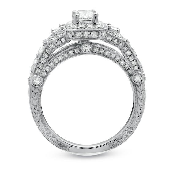 Previously Owned - 2 CT. T.w. Framed Emerald-Cut Diamond Three Stone Ring in 14K White Gold