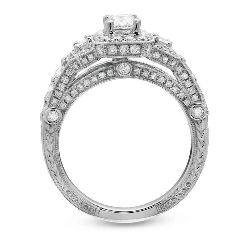 Main Image 2 of Previously Owned - 2 CT. T.W.  Framed Emerald-Cut Diamond Three Stone Ring in 14K White Gold
