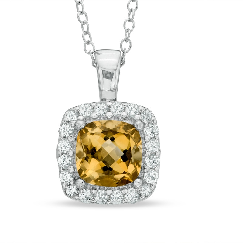 Previously Owned - 7.0mm Cushion-Cut Citrine and Lab-Created White Sapphire Frame Pendant in Sterling Silver