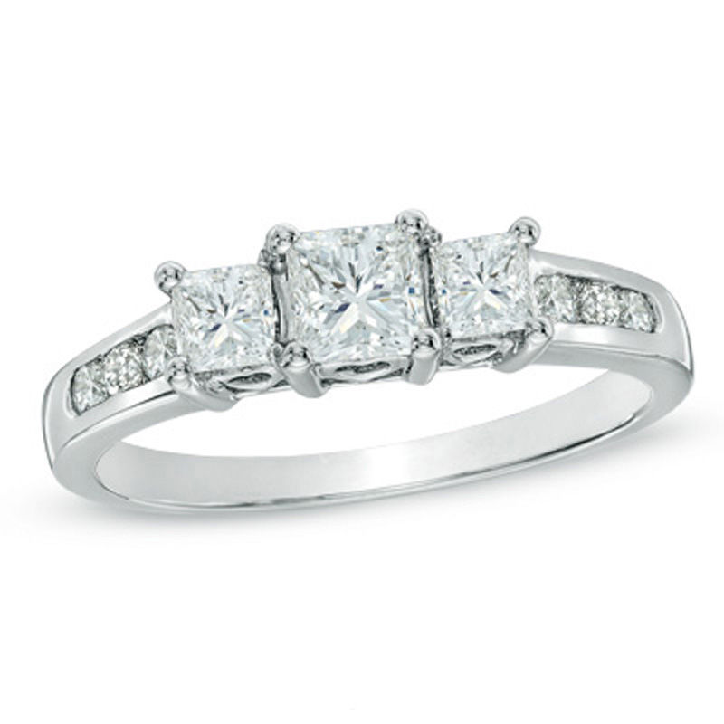 Main Image 1 of Previously Owned - 1 CT. T.W. Princess-Cut Diamond Past Present Future® Engagement Ring in 14K White Gold