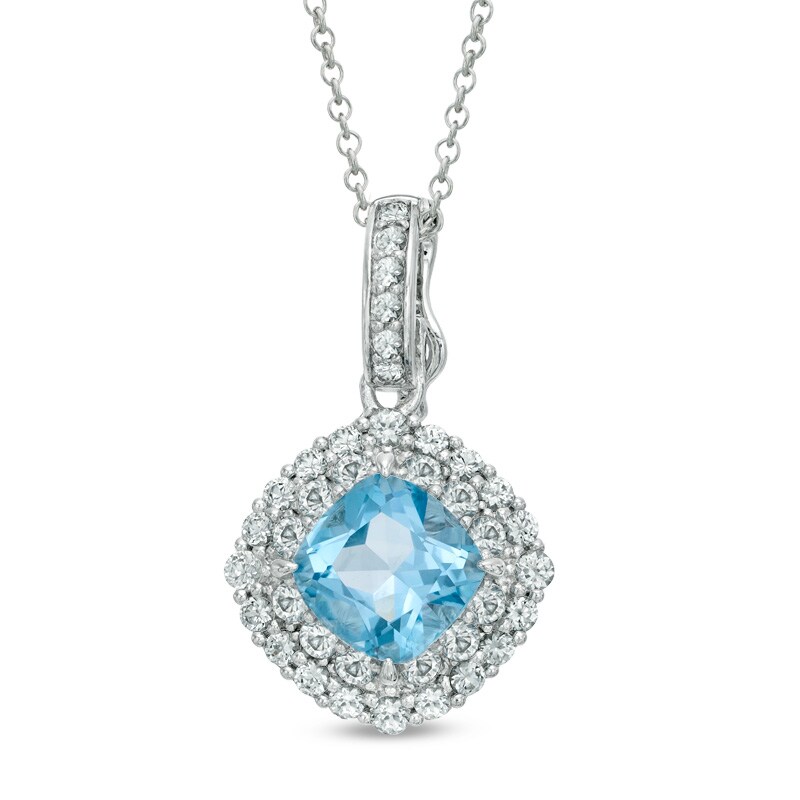 Main Image 1 of Previously Owned - 8.0mm Cushion-Cut Swiss Blue Topaz and Lab-Created White Sapphire Frame Pendant in Sterling Silver