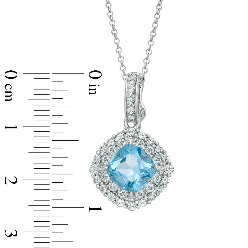 Main Image 2 of Previously Owned - 8.0mm Cushion-Cut Swiss Blue Topaz and Lab-Created White Sapphire Frame Pendant in Sterling Silver