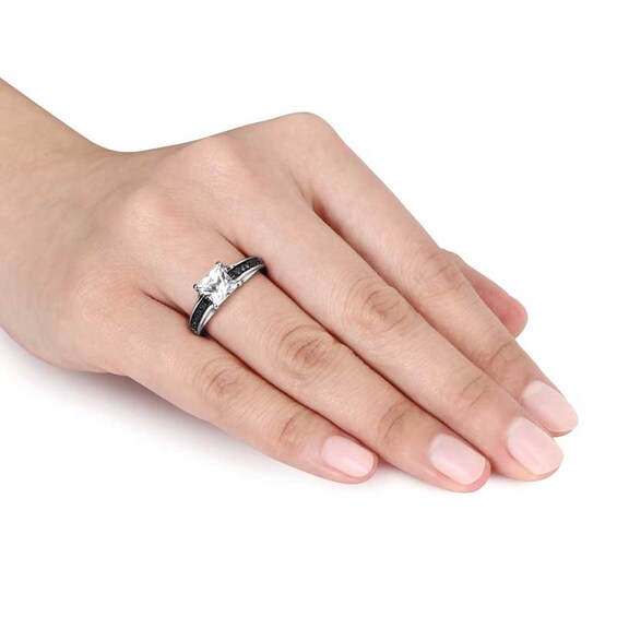 Previously Owned - 6.0mm Lab-Created White Sapphire and 1/8 CT. T.w. Black Diamond Ring