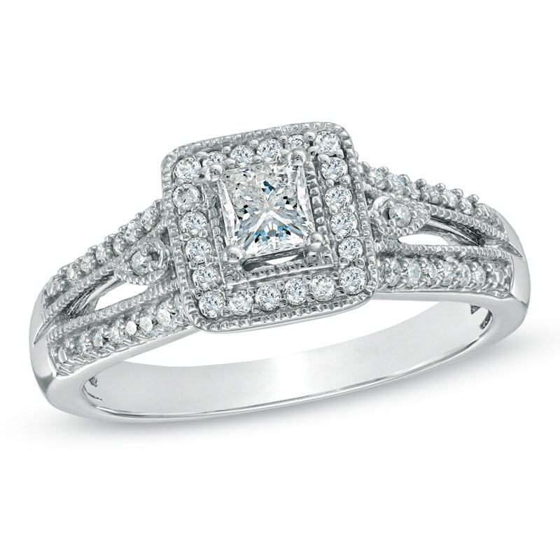 Main Image 1 of Previously Owned - 1/2 CT. T.W. Princess-Cut Diamond Vintage-Style Engagement Ring in 10K White Gold