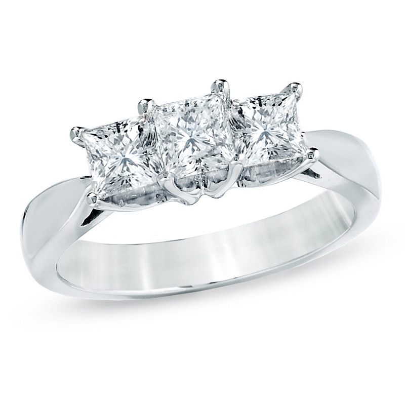 Main Image 1 of Previously Owned - Celebration Lux® 1 CT. T.W. Princess-Cut Diamond Three Stone Ring in 14K White Gold (I/SI2)