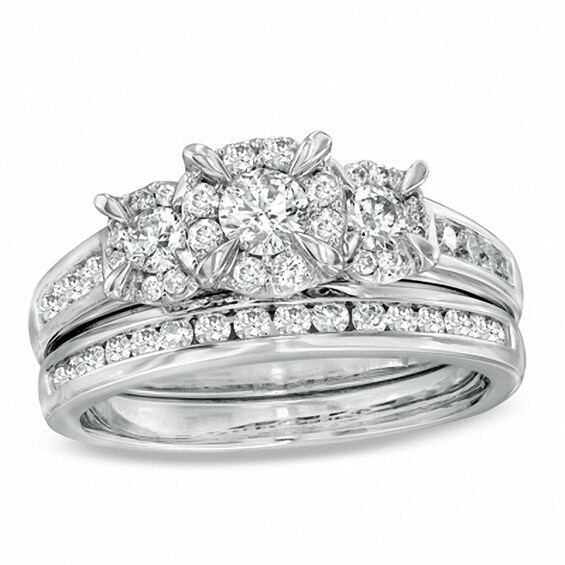Previously Owned - 1 CT. T.w. Diamond Three Stone Bridal Set in 14K White Gold