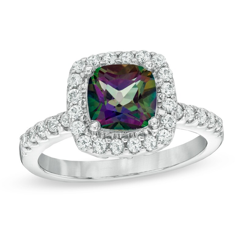Main Image 1 of Previously Owned - 7.0mm Mystic Fire® Topaz and Lab-Created White Sapphire Frame Ring in Sterling Silver