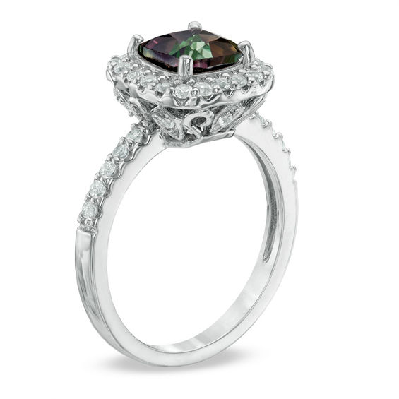 Previously Owned - 7.0mm Mystic FireÂ® Topaz and Lab-Created White Sapphire Frame Ring in Sterling Silver