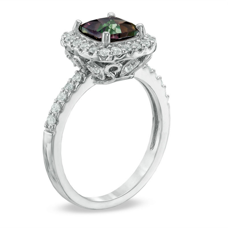 Main Image 2 of Previously Owned - 7.0mm Mystic Fire® Topaz and Lab-Created White Sapphire Frame Ring in Sterling Silver