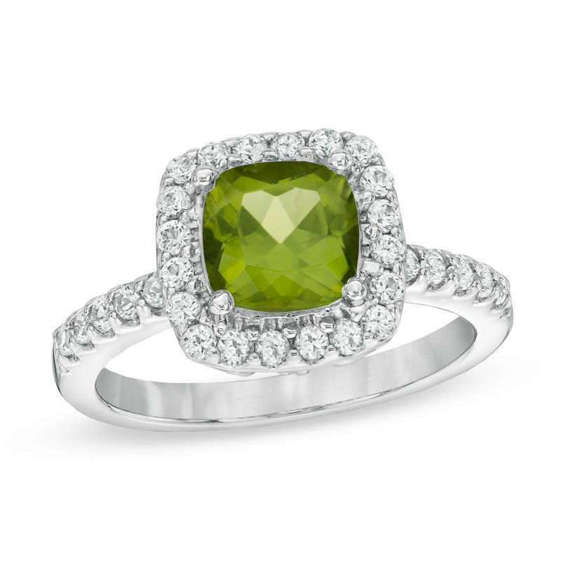 Previously Owned - 7.0mm Cushion-Cut Peridot and Lab-Created White Sapphire Frame Ring in Sterling Silver