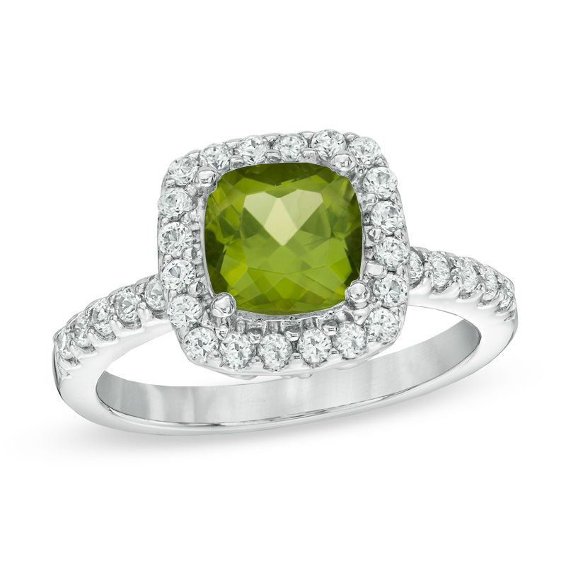 Main Image 1 of Previously Owned - 7.0mm Cushion-Cut Peridot and Lab-Created White Sapphire Frame Ring in Sterling Silver