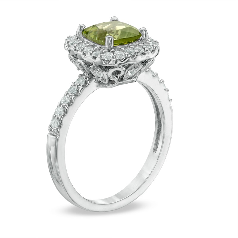 Main Image 2 of Previously Owned - 7.0mm Cushion-Cut Peridot and Lab-Created White Sapphire Frame Ring in Sterling Silver