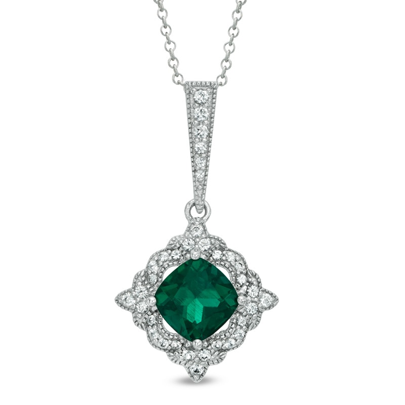 Main Image 1 of Previously Owned - 8.0mm Cushion-Cut Lab-Created Emerald and White Sapphire Frame Pendant in Sterling Silver