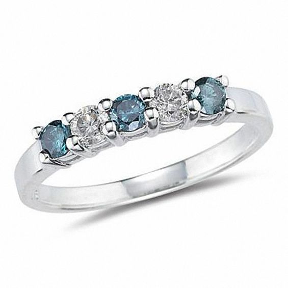 Previously Owned - 1/2 CT. T.w. Enhanced Fancy Blue and White Diamond Five Stone Band in 14K White Gold (Si2)