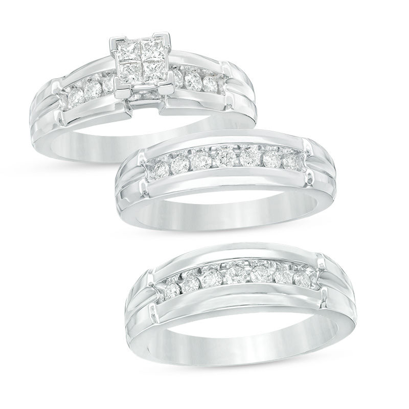 Main Image 1 of Previously Owned - 3/4 CT. T.W. Quad Diamond Comfort Fit Wedding Ensemble in 14K White Gold