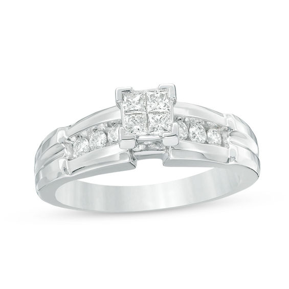 Previously Owned - 3/4 CT. T.w. Quad Diamond Comfort Fit Wedding Ensemble in 14K White Gold
