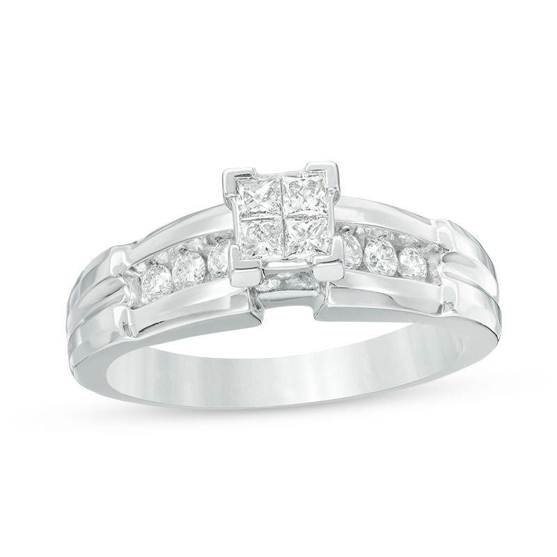 Main Image 2 of Previously Owned - 3/4 CT. T.W. Quad Diamond Comfort Fit Wedding Ensemble in 14K White Gold