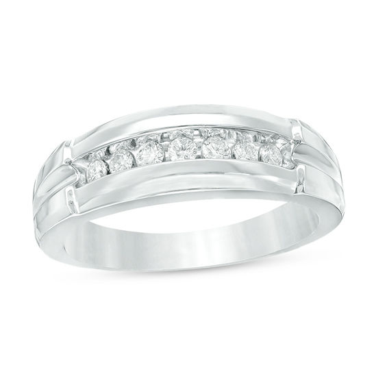Previously Owned - 3/4 CT. T.w. Quad Diamond Comfort Fit Wedding Ensemble in 14K White Gold