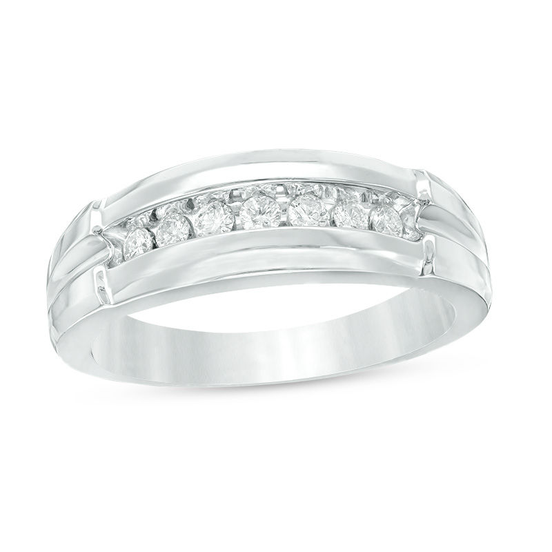Main Image 3 of Previously Owned - 3/4 CT. T.W. Quad Diamond Comfort Fit Wedding Ensemble in 14K White Gold
